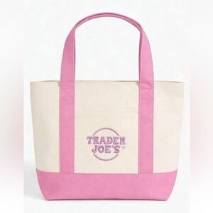 Trader Joe's RARE Mini Pastel Canvas Tote Bag, Pink With Lilac Logo
